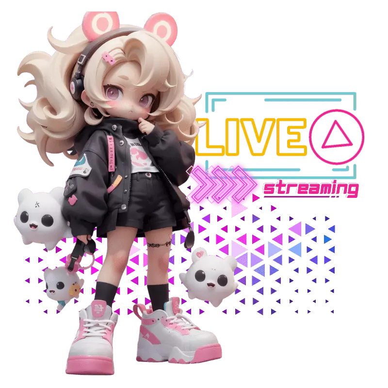 AT99真人視訊主視覺角色圖，Q版人物搭配霓虹LIVE streaming視覺，象徵即時視訊真人場館