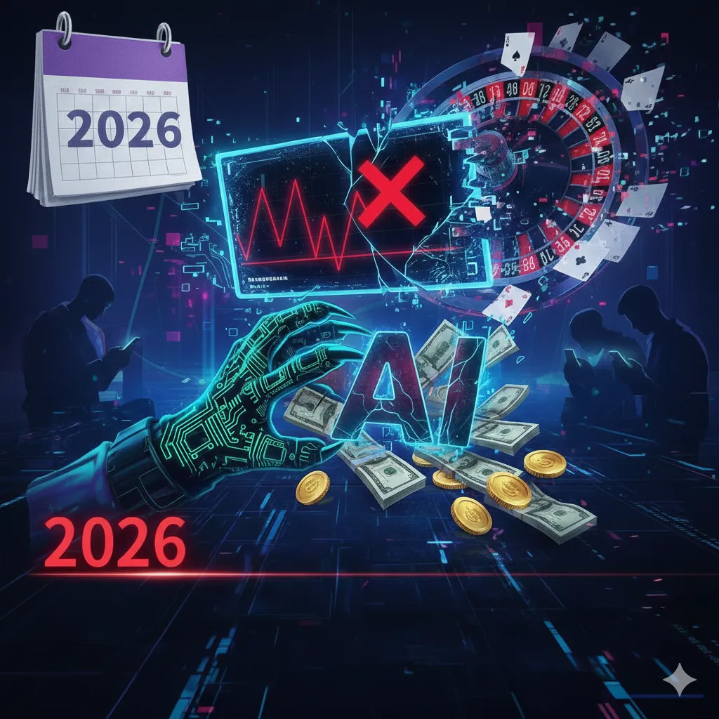 百家樂算牌軟體詐騙示意圖,展示假AI預測程式與金錢陷阱風險警示