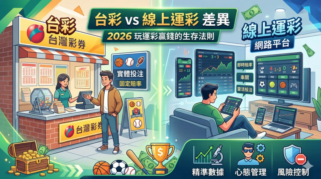 台彩vs線上運彩差異比較圖,展示實體投注與線上投注平台在賠率、操作方式與功能上的不同