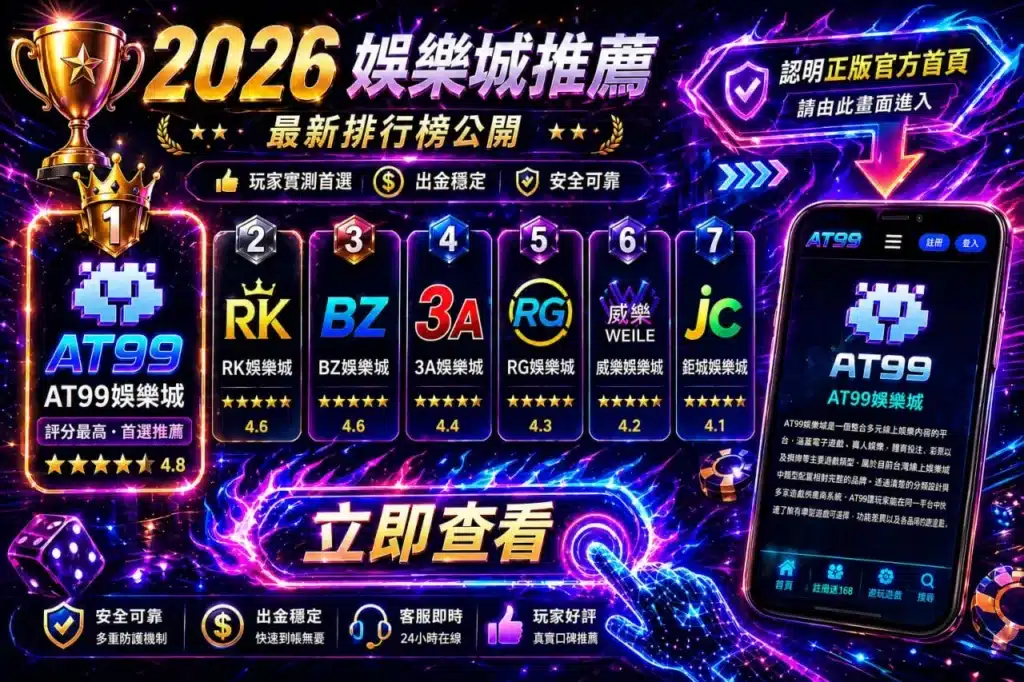 2026娛樂城推薦排行榜圖片,展示AT99娛樂城排名第一及RK、BZ、3A、RG等平台評分比較與出金穩定特色