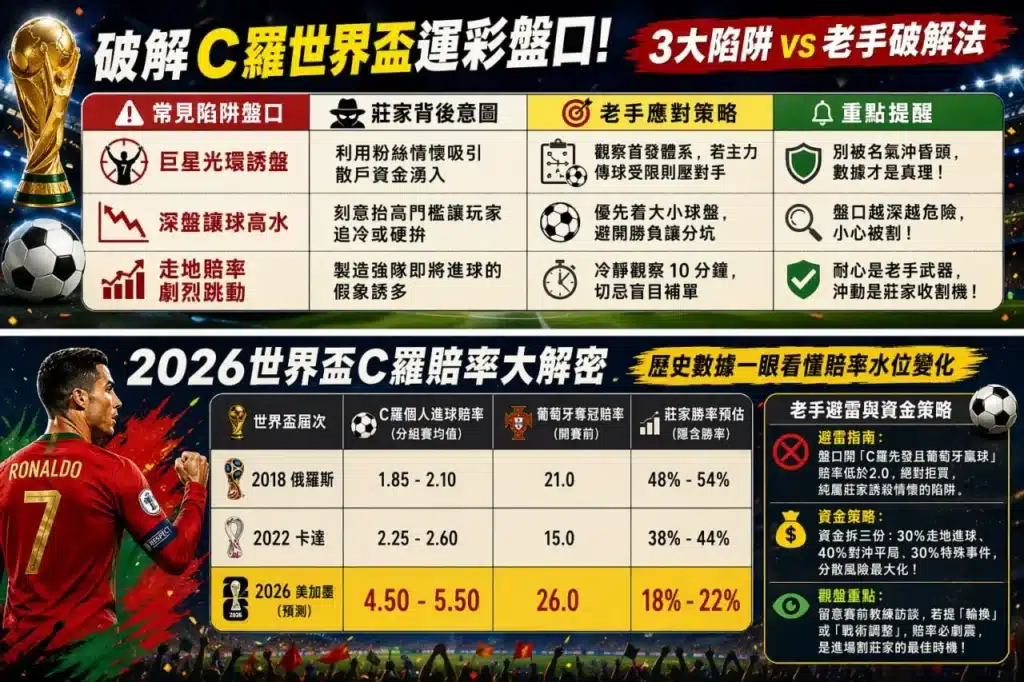 C羅世界盃運彩盤口解析圖片,展示賠率變化、常見陷阱與投注策略對比