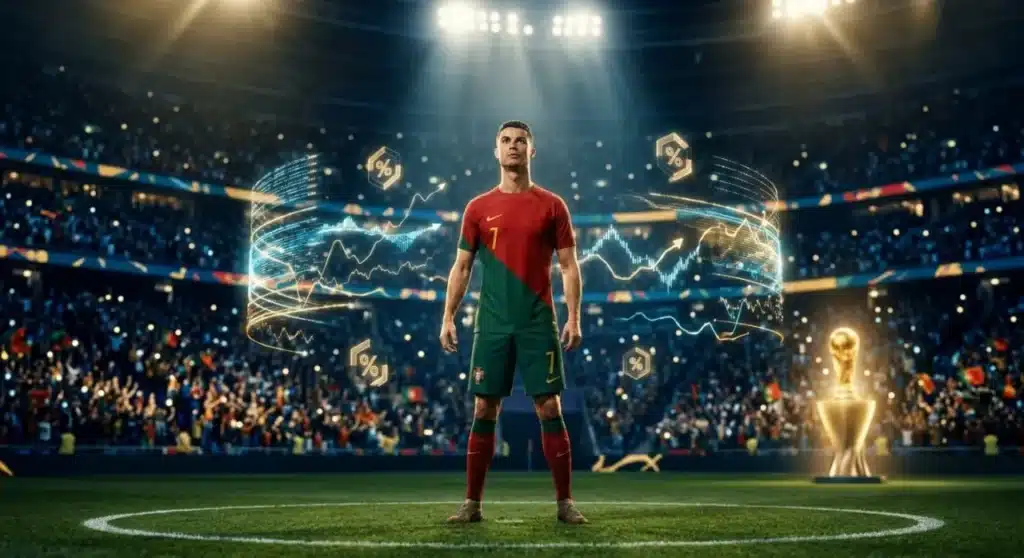 C羅世界盃運彩分析圖片,展示球員站在球場中央與數據圖表,象徵賠率變化與盤口走勢