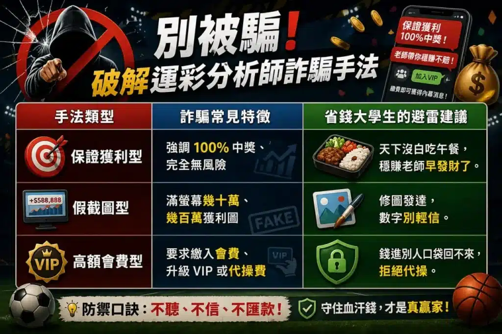 運彩分析詐騙手法比較圖,整理常見保證獲利、假截圖與高額VIP詐騙模式