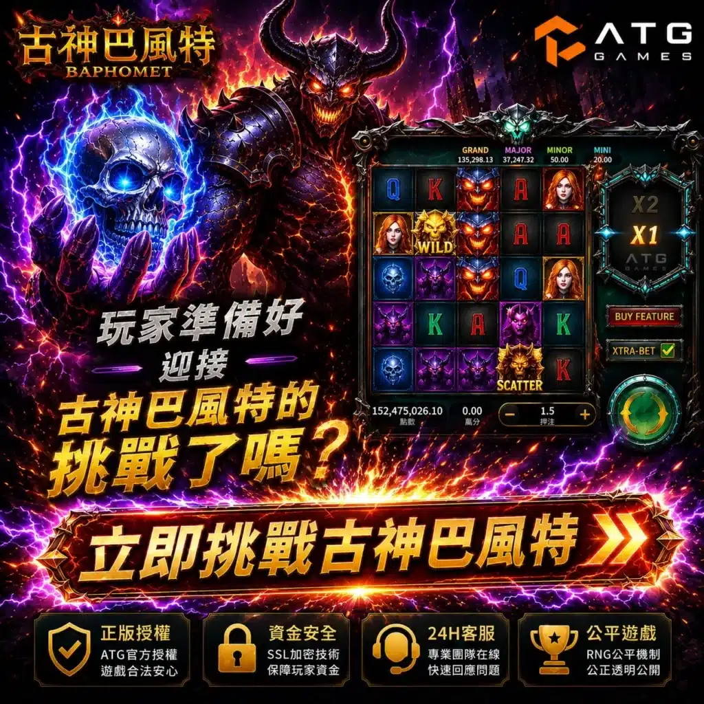 ATG古神巴風特試玩介面圖,巴風特高波動盤面與免費遊戲機制展示