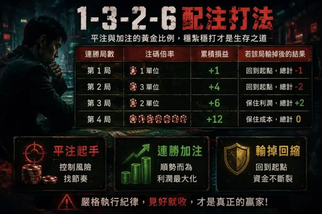 百家樂翻本配注打法1-3-2-6策略教學圖