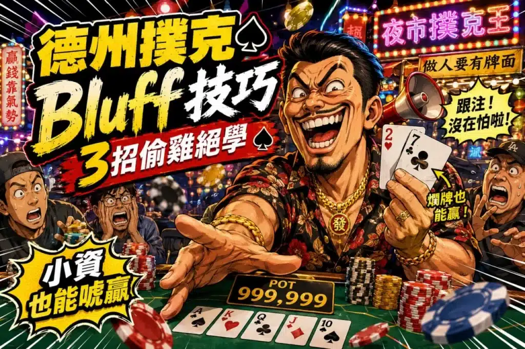 德州撲克Bluff技巧主題圖,以誇張漫畫風呈現撲克心理戰,介紹偷雞策略、下注節奏與虛張聲勢技巧。