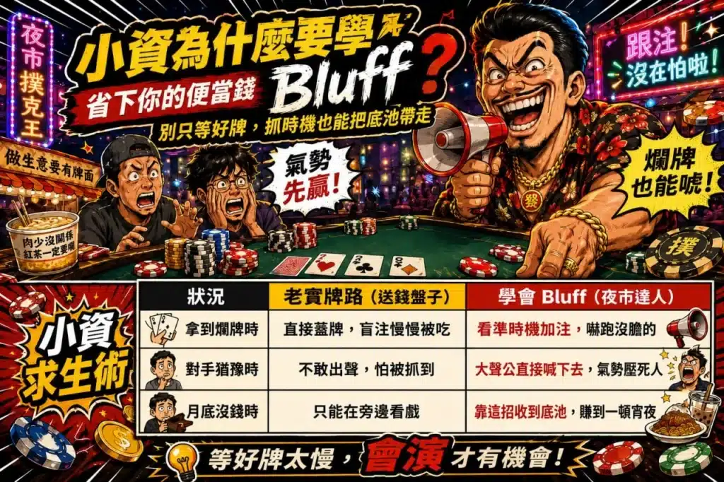 德州撲克Bluff教學資訊圖,以夜市撲克王風格呈現小資玩家偷雞策略與心理戰觀念。