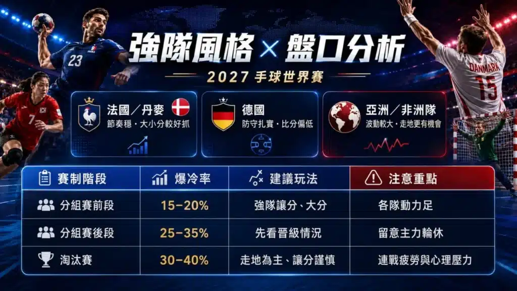 手球世界賽2027盤口分析圖,整理法國、丹麥、德國及亞洲與非洲球隊的強弱風格、爆冷率、建議玩法與投注注意事項。