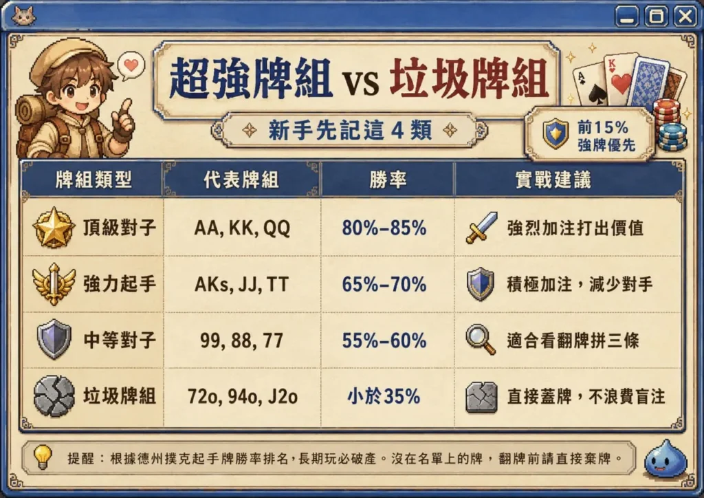 德州撲克新手教學超強牌組與垃圾牌組勝率比較圖