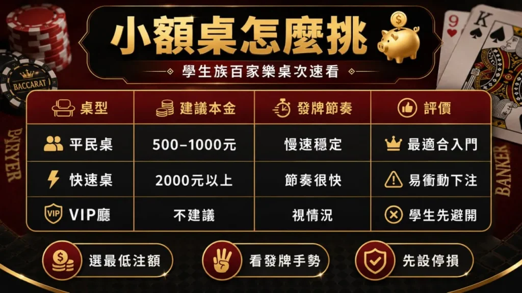 百家樂真人荷官小額桌挑選與學生資金管理圖