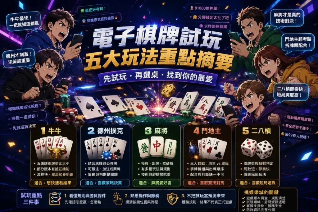 電子棋牌試玩五大玩法重點圖,整理牛牛、德州撲克、麻將、鬥地主與二八槓的規則特色與試玩方向